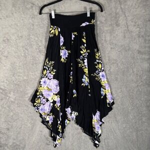 Madeline & Monroe Black Floral Smocked Sharkbite Hem Midi Skirt Small Y2K Fairy